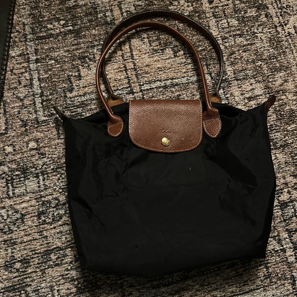 Longchamp Medium Tote Bag Purse Black and brown Leather